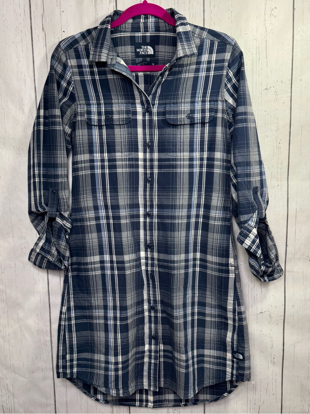 The North Face Plaid Shirt Dress Gray Blue Cotton Roll Tab Sleeves M Outdoor